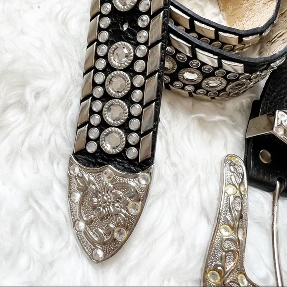 Women’s leather belt with large silver buckle black silver bling rhinestones - Picture 8 of 9